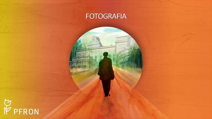 Pokaż zdjęcie: Na pomarańczowo-żółtym pastelowym tle widnieje napis: „Fotografia”. Po środku umieszczona została grafika prezentująca mężczyznę idącego w kierunku pałacu. W lewym, dolnym rogu możemy dostrzec logo PFRON.